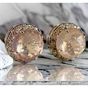 EXQUISITE Estate 18k White Gold 12.64 CTW Checkerboard Rose Quartz Halo Earrings